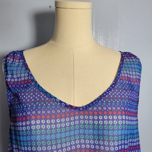 Gap Large Blue Red Floral Semi Sheer V Neck Sleeveless Lightweight Tank Top - Picture 2 of 10